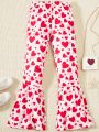 SHEIN Kids CHARMNG Valentine's Day Style Knitted Heart Pattern Casual Flared Pants For Tween Girls