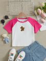 SHEIN Kids QTFun Knitted Short Sleeve T-Shirt For Tween Girls With Teddy Bear Applique And Color Block Design