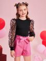 SHEIN Kids CHARMNG Big Girls' Knitted Mesh Net Patchwork Round Neck Long Sleeve Top With Lace Belt And Leather Shorts