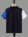 SHEIN Kids Academe Tween Boys' Casual Comfortable Color Block Short Sleeve Polo Shirt