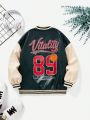 SHEIN Kids EVRYDAY Boys' Casual Pu Leather Woven Baseball Jacket With Thick Color-block Sleeves, Zipper Closure, Back Printed Slogan, Autumn And Winter