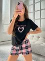 SHEIN Heart & Letter Printed Short Sleeve T-Shirt And Plaid Shorts Pajama Set