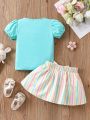 Baby Girls' Sweet Bear & Letter Printed Top And Striped Skirt Set