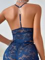 Chain Detail Backless Lace Halter Top & Shorts PJ Set