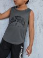 SHEIN Young Boy Loose Knitted Round Neck Sleeveless Sports Vest With Letter Print