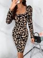 SHEIN Clasi Women's Leopard Print Leg Of Mutton Sleeve Dress