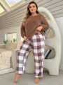 Plus Size Womens' Plush Top And Checked Pants Pajama Set