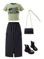 Teenage Girls' Eye & Letter Printed Top And Utility Skirt Two Piece Set