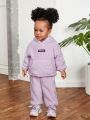 SHEIN Baby Girl Letter Patched Kangaroo Pocket Teddy Hoodie & Pants