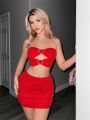 SHEIN ICON Women's Heart Shaped Rhinestone Decorated Sleeveless Top And Half Skirt Set