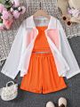 SHEIN Kids SUNSHNE Tween Girls' 3pcs/Set Casual Outfit: Shirts + Vest + Shorts