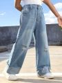 Girls' Vintage College Style Basic Distressed Loose Fit Casual Comfortable Wide Leg Jeans