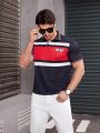 Men'S Letter Print Color Block Short Sleeve Polo Shirt