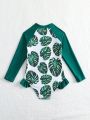 Young Girl Swimsuit, Botanical/Botanic Print Long Sleeve One Piece Swimwear