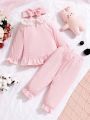 SHEIN 3pcs/Set Girls' Casual And Comfortable Bowknot Lace Top And Pants Set With Headband, Daily Wear At Home
