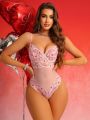 Women's Hearts Mesh Lace Sexy One Piece Lingerie With Underwire Bra And Panty