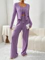 SHEIN Essnce Ladies' Fashionable Purple Ribbed Two-Piece Outfit