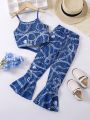 SHEIN Kids HYPEME Young Girl's Asymmetrical Hem Chain Strap Camisole Top And Flare Pants Two Piece Set