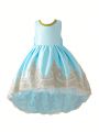 Young Girl Colorblock Sleeveless Party Dress With Embroidered Patchwork, Long Front And Bow-Knot Decorated Back