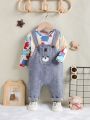 Baby Boys' Spring Cartoon Printed T-shirt And Denim Bear Embroidered Overalls