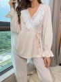 Women's Lace Splicing Lantern Sleeve & Bowknot Design Cute Pajama Set