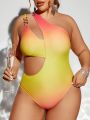 SHEIN Swim SXY Plus Size Hollow Out Ombre One Shoulder One-piece Swimsuit With Circular Decoration