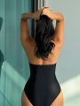 SHEIN Swim Chicsea Solid Color Backless Halter One-piece Swimsuit