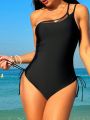 SHEIN Swim Basics Women's Mesh Patchwork One Shoulder One Piece Swimsuit