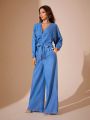 Batwing Sleeve Ruched Belted Denim Jumpsuit