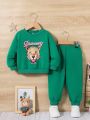 SHEIN Baby Boys' Casual Tiger & Letter Print Long Sleeve Sweatshirt With Elastic Waistband Pants Set