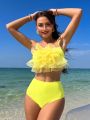 SHEIN Swim Mod Women's Mesh Ruffle Edge Two-piece Swimsuit Set