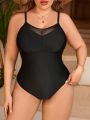 SHEIN Swim Basics Plus Size Women'S Splicing Mesh One-Piece Swimsuit