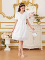 Teen Girl'S Puff Short Sleeve Dress With Button Decoration, Eyelet Embroidery