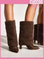 Cuccoo Everyday Collection Women Point Toe Chunky Heeled Classic Boots, Elegant Outdoor Fluffy Boots