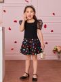 SHEIN Kids CHARMNG Toddler Girls 1set Contrast Mesh Puff Sleeve Tee & Heart Print Skirt