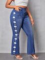 Women's Plus Size Flower Printed Bell Bottom Jeans