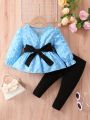 SHEIN Newborn Baby Girls' 3pcs/Set Polka Dot Print Top With Belt And Solid Color Pants