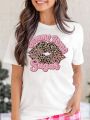 Plus Size Women'S Sexy Lips Print Round Neck Short Sleeve T-Shirt