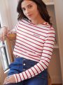 SHEIN Frenchy Women's Striped T-shirt With Letter Print, Button Detail