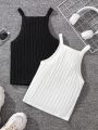SHEIN Kids Cooltwn Tween Girls' Casual Street Style Knitted Solid Color Slim Fit Camisole Tops Set
