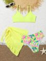 Girls' 3pcs Bikini Set With Tropical Print And Beach Skirt