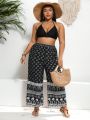 SHEIN Swim BohoFeel Plus Size High Waisted Cover Up Pants With Full Print Pattern