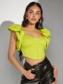 SHEIN Haute Ruffle Sleeve Hook And Eye Crop Top