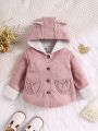 Infant Girls' Cute Casual Pink Suede Plush Splice Warm And Comfortable Coat For Daily Wear