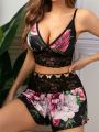 Floral Print Contrast Lace Lingerie Set