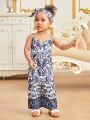 Baby Girls' Plant Patterned Belted Jumpsuit With Suspender Straps