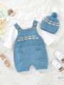 Baby Girls' Sweater Jumpsuit With Straps, Different Cute Patterns, Matching Hat