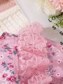 Baby Girls' Cute Floral Print Long Sleeve Romper Jumpsuit, Children's Fashionable Lace Princess Dress