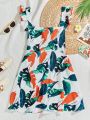 SHEIN VCAY Women'S Plus Size Tropical Print Sleeveless Summer Dress With Ruffle Armhole Detail