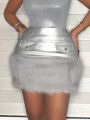 SHEIN SXY Sexy Silver Metallic Pu Leather And Patchwork Skirt For Club Party